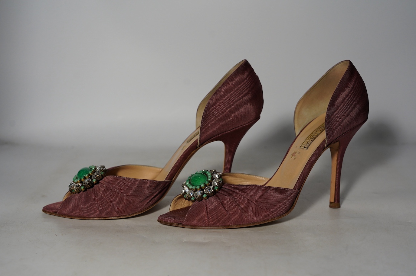 A pair vintage of Jimmy Choo satin open toe nude embellished heeled pumps, in original box with dust bags, size 40